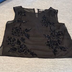 Anthropologie Black Sheer Top with Beaded Floral Design